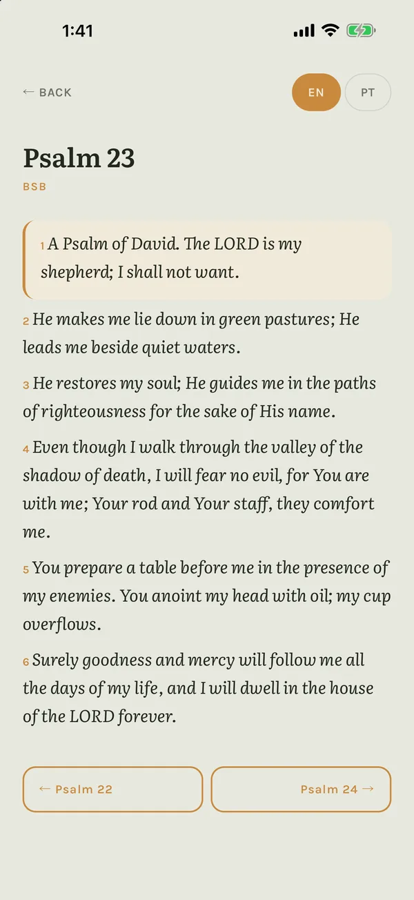 Psalm 23 in the chapter reader, verse 1 highlighted