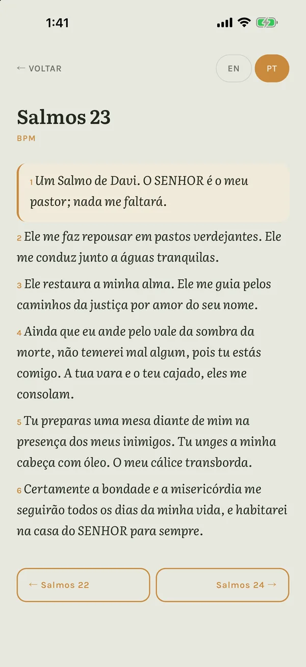 Salmos 23 no leitor de capítulos, versículo 1 em destaque