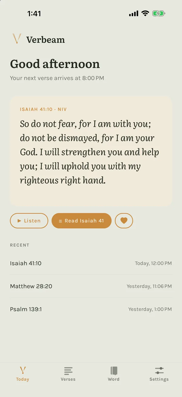 Verbeam's Today screen: Isaiah 41:10, with Listen, Read Isaiah 41 and a heart to keep it