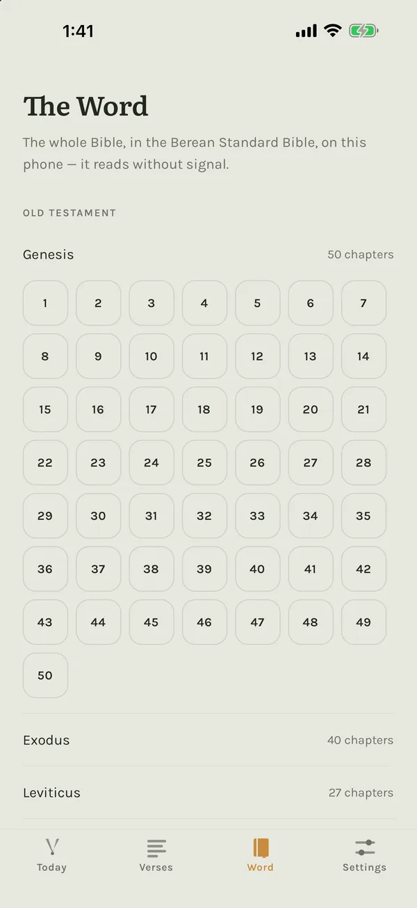 The Word tab: books of the Bible with Genesis open to its 50 chapters