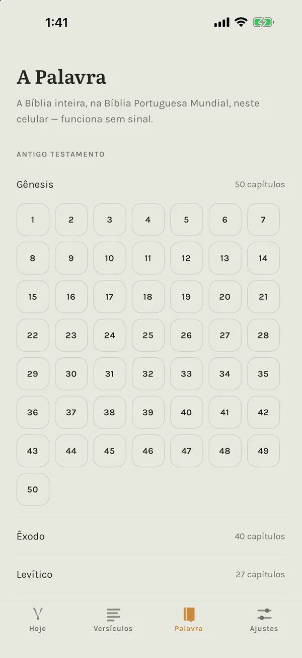 A aba Palavra: os livros da Bíblia com Gênesis aberto em seus 50 capítulos